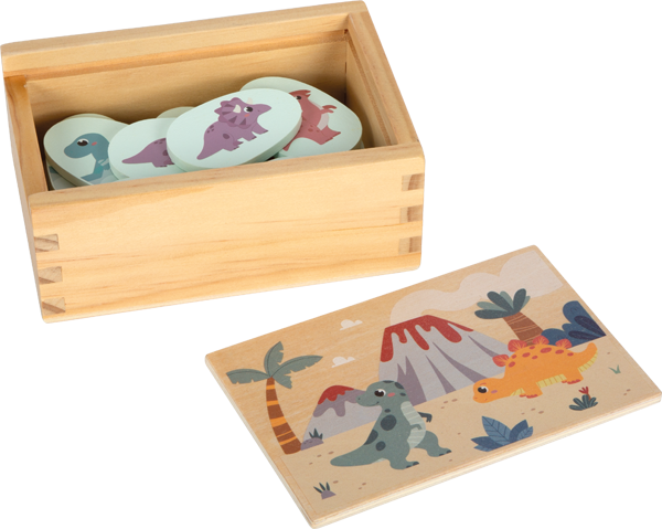 Holzbox mit Dino-Motiven und Memo-Spiel