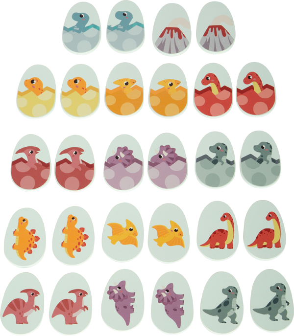 Memo-Kärtchen aus Holz in Form von Dino-Eiern