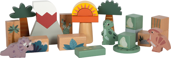 Viele Kinder-Holzbausteine mit Dinosauriern